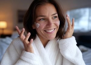 Mujer aplicándose crema hidratante en el rostro como parte del cuidado de la piel