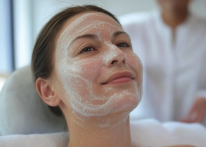 Mujer recibiendo una limpieza facial en cabina con producto exfoliante en el rostro
