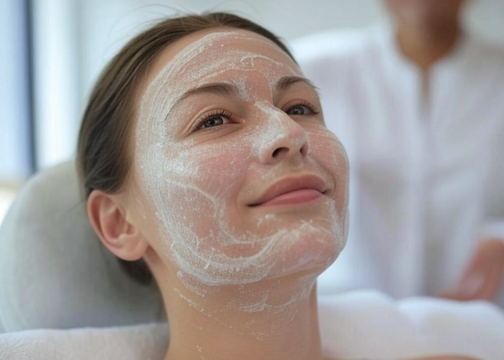 Mujer recibiendo una limpieza facial en cabina con producto exfoliante en el rostro