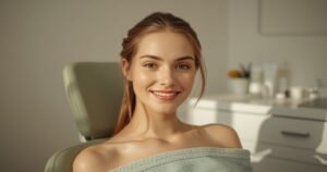 Chica joven de piel sana sentada en una cabina de estética durante su tratamiento del acné en Moratalaz